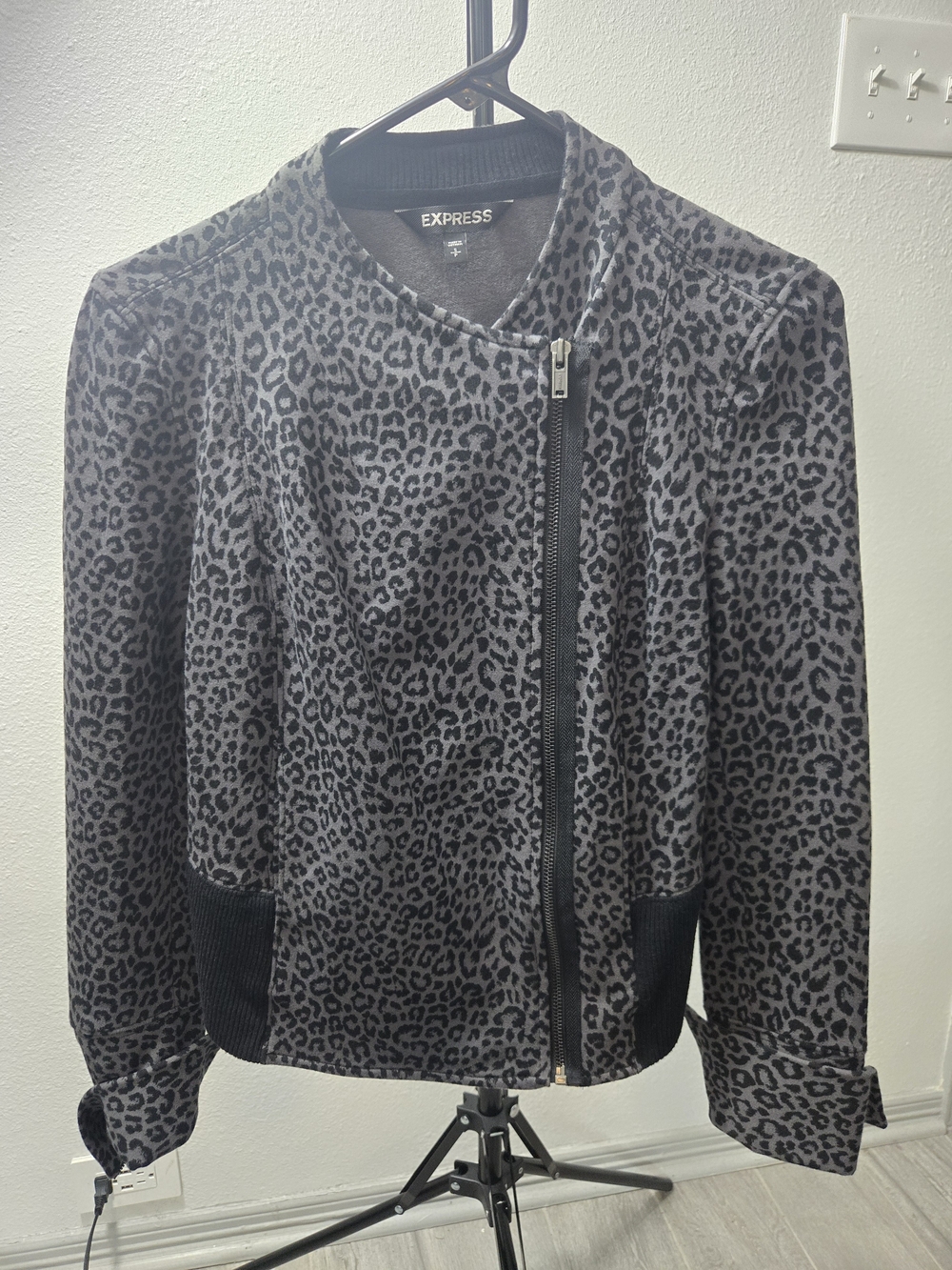 Express Women’s Gray Leopard Print Moto Jacket